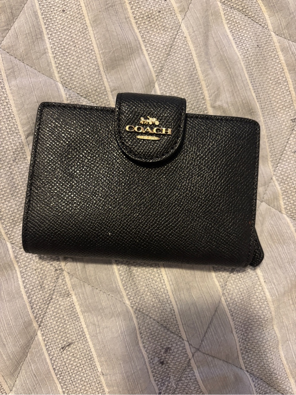 Coach Black Textured Leather Snap Wallet with Gold Logo